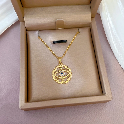 Evil Eye Pendant Necklace Gold Plated Copper Titanium Steel Chain Micro Pave Blue White Zircon Luxury Style For Women