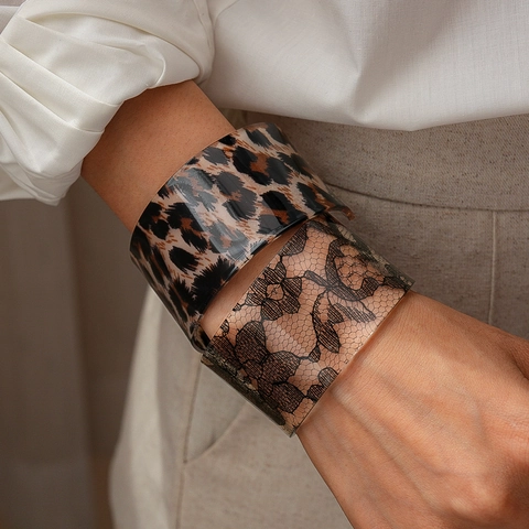 Wide Acrylic Cuff Bangle Bracelet Leopard Print Black Lace Floral Pattern Open C Shape Fashion Jewelry For Women Retro Style