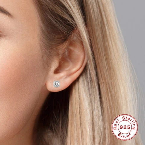 Elegant Round Moissanite Square Halo Stud Earrings With 925 Sterling Silver Earring Post For Women Dainty Dazzling Jewelry