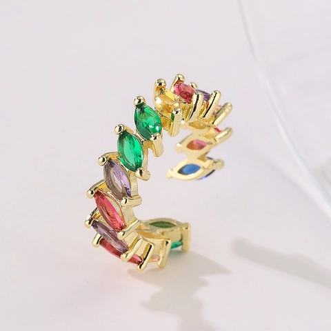 Marquise Cut Rainbow Zircon Adjustable Open Ring 18K Gold Plated Copper Dainty Fashion Jewelry For Women