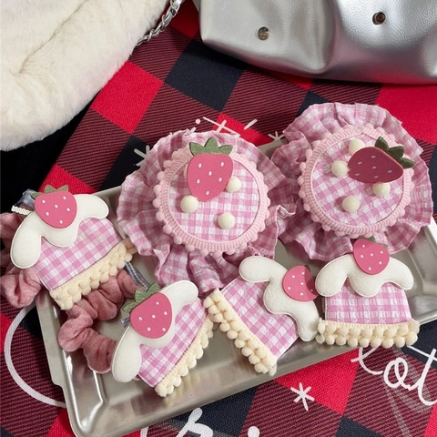 Pinzas Para El Cabello Y Diademas De Tela Hechas A Mano Con Pastel De Fresa A Cuadros Rosas Para Mujeres Niñas