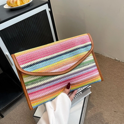 Dames Geweven Stro Clutch Tas Envelop Handtas PU Lederen Rand Gestreepte Golf Patroon Magnetische Sluiting Zomervakantie Casual