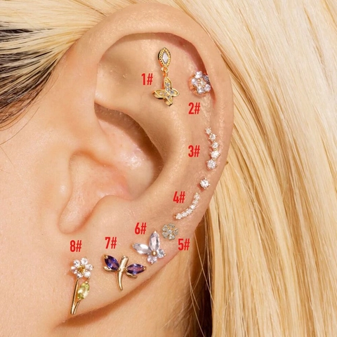 Zircon Butterfly Flower Dragonfly Ear Cartilage Stud Earrings Copper Helix Piercing Jewelry With Screwed Ball Back For Women