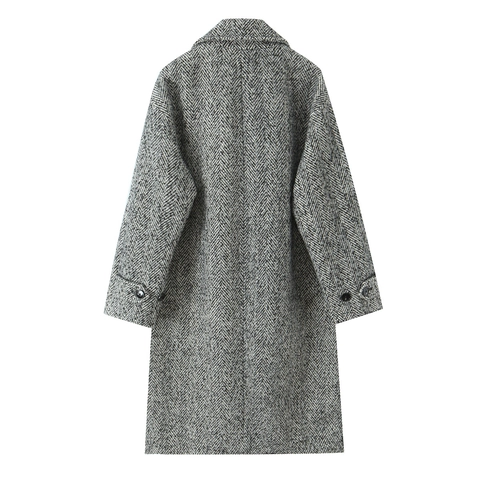 Dames Lange Mantel Met Visgraatmotief Revers Knoopsluiting Elegante Grijze Tweed Jas