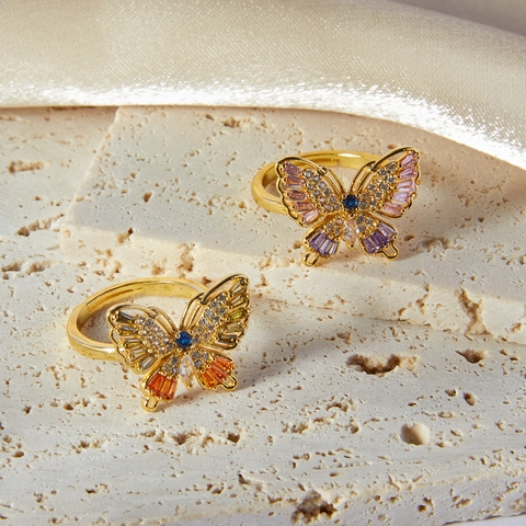 Elegant Butterfly Shaped Adjustable Copper Ring For Women Korean Light Luxury Design Gold Plated Rhinestone Open Finger Ring Fashion Jewelry