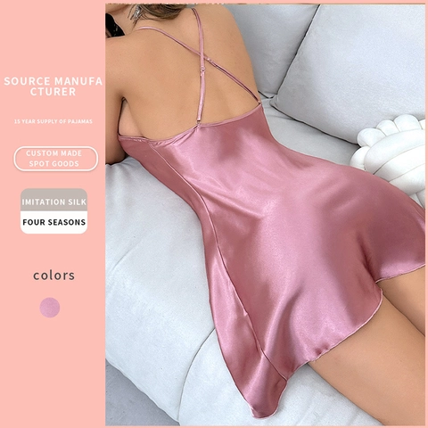 Sexy Nachthemd Damen ImitationsSatin Spaghettiträger Rückenfrei Satin Nachtwäsche Glänzend Kreuzrücken Lingerie Einfarbig