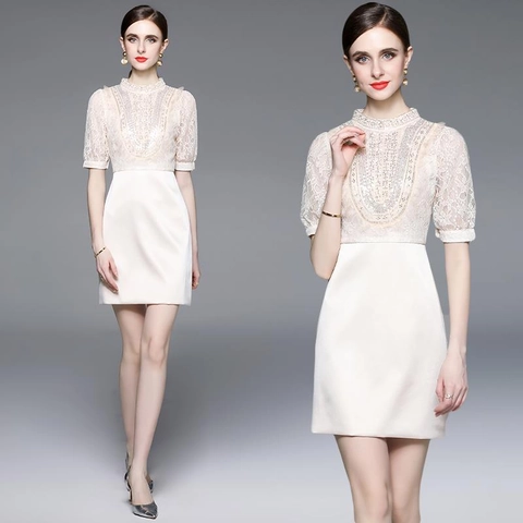 Elegant Lace Satin Patchwork Mini Dress Sequins Beading Stand Collar Lantern Sleeve Slim Fit For Women
