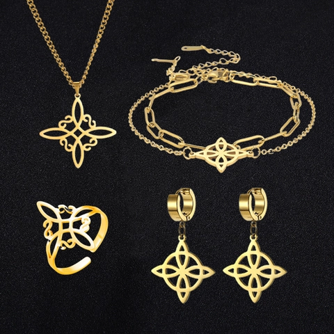 Celtic Witch Knot Jewelry Necklace Bracelet Earrings Ring Stainless Steel Hollow Geometric Mystical Fashion Women Men