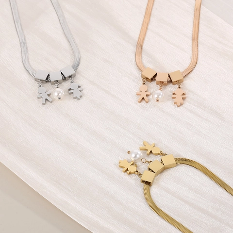 Collana A Catena Di Serpente Piatta In Acciaio Inossidabile Con Ciondoli Silhouette Bambino Bambina E Perla Artificial Gioielli