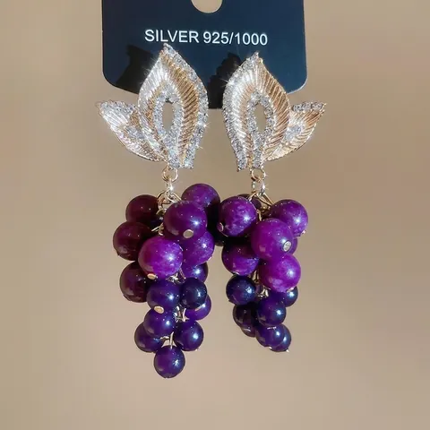 Grape Cluster Dangle Earrings 925 Sterling Silver Earring Post Purple Beads Alloy Leaf Rhinestones Vintage Jewelry Women