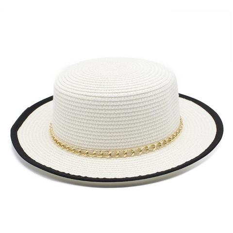 Cappello Di Paglia Boater Da Donna Cupola Piatta Spiaggia Estate Cappello Da Sole Con Catena In Metallo Dorato E Bordo Nero