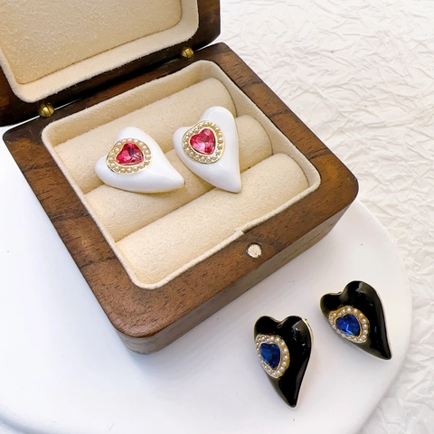 Emaille Herz Stecker Ohrringe Mit Silver Earring Post Künstliche Perle Rhinestone Vintage Eleganter Schmuck Geschenk Für Frauen