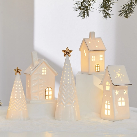 LED Light Up Christmas Village Houses White Ceramic Snowy Miniature Ornament With Gold Star For Holiday Desktop Decoration
