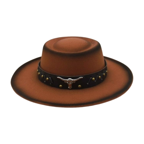 Cappello Fedora a Tesa Piatta Western Cowboy per Donna in Feltro di Cotone Poliestere Cappello Jazz Con Testa di Toro e Borchie