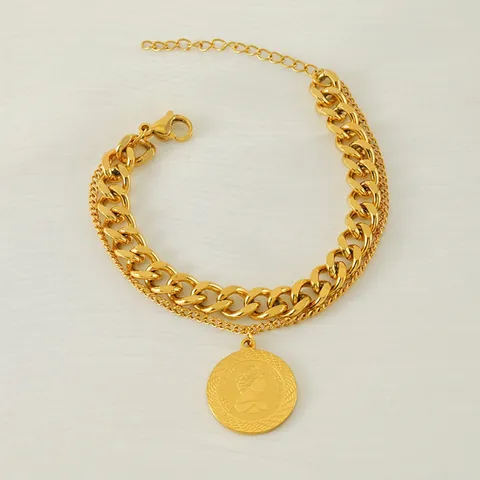 Bracciale A Doppio Strato In Acciaio Inossidabile Con Ciondolo Moneta Elizabeth II Placcato Oro 18K Gioielli Vintage Donna