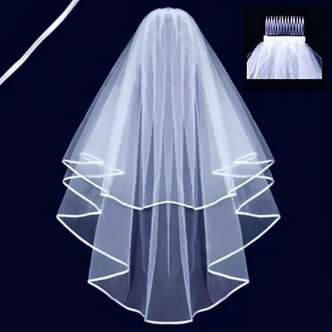 Double Layer Bridal Veil With Satin Ribbon Edge Tulle Mesh Wedding Headpiece With Comb For Bachelorette Party White Elegant