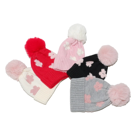 Kinder Winter Strickmütze Acryl Blumen Jacquard Warm Winddicht Mit Großem Bommel Für Kleinkinder Baby Mädchen