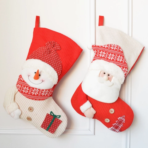 Calcetines De Navidad Tejidos Peluche 3D Papá Noel Muñeco De Nieve Bolsas De Regalo Decoración De Chimenea Árbol Ornamento