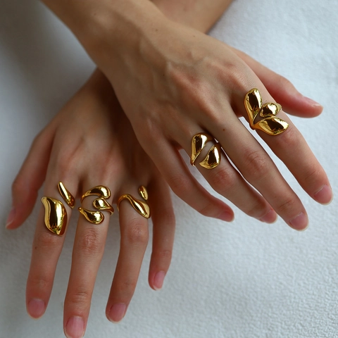 Anello Aperto in Acciaio Inossidabile Minimalista per Donna Placcato Oro 18K Organico Geometrico Regolabile Anello da Dito Lava Gioielli di Moda