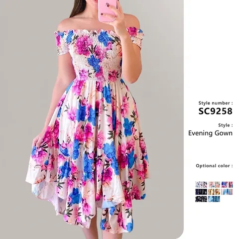 Damen Off Shoulder Floral Smocked Midi Kleid Unregelmäßiger Saum Sommer Urlaub Polyester Druck