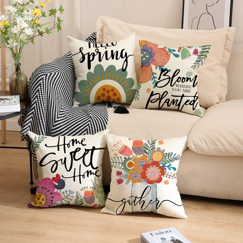Federe Per Cuscini Fiori Di Primavera Trama Lino Copricuscini Decorativi Motivo Floreale Scritte Per Divano Casa
