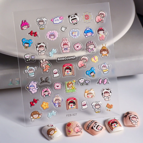 PVC Nail Art Stickers 5D Embossed Relief Cartoon Panda Girl Design Waterproof Self Adhesive Kawaii Manicure Decor For Girls