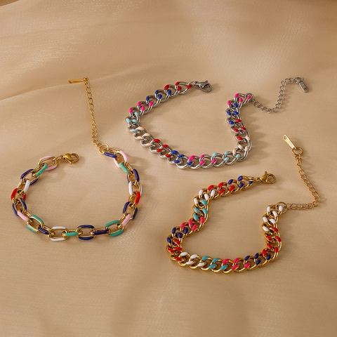 Cuban Chain Bracelet Stainless Steel Colorful Enamel Drip Oil Adjustable Lobster Clasp Hip Hop Trendy Jewelry For Women