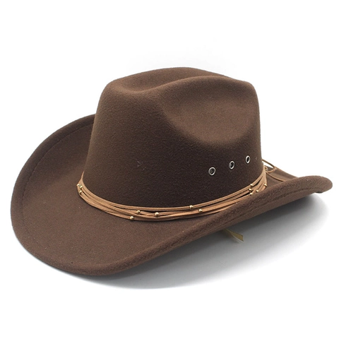 Western Cowboy Hat Wool Felt Wide Brim Sun Protection Retro Fedora For Men Women With Decorative Rope And Beads