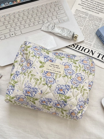 Floral Quilted Cotton Makeup Bag Large Capacity Portable Cosmetic Storage Pouch Travel Toiletry Handbag Vintage