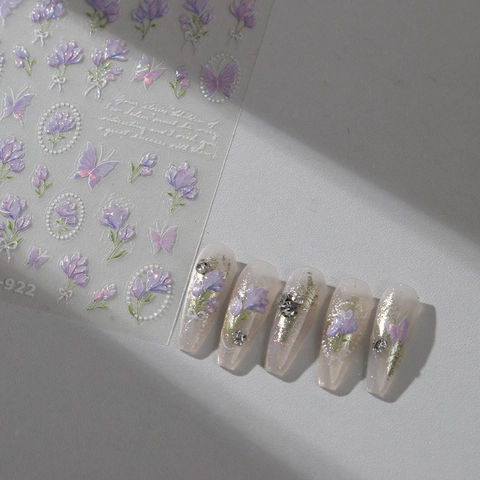 3D Relief Lila Schmetterling Blume Nagelkunst Aufkleber Holographische Laser Transparente Selbstklebende Decals DIY Maniküre