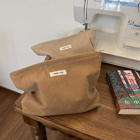 Corduroy Makeup Bag Zipper Cosmetic Pouch Women Retro Maillard Color Storage Bag Canvas Lining Travel Clutch Handbag