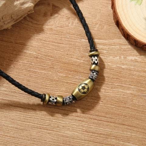 Vintage Football Pendant Necklace Handmade Beaded Leather Cord Zinc Alloy Sports Style Adjustable Jewelry