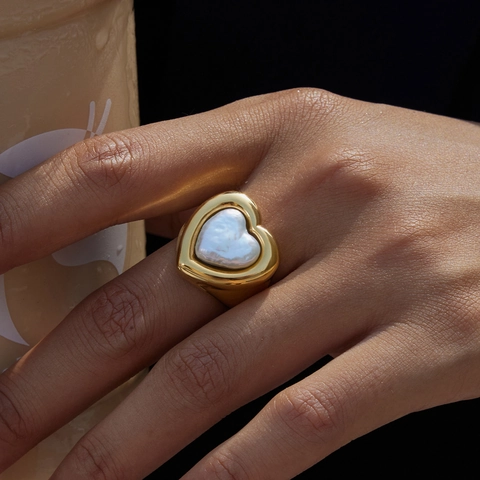 Anillo de Corazón de Acero Inoxidable Chapado en Oro Zirconia Perla Artificial de Resina Impermeable Hipoalergénico Joyería Regalo San Valentín Mujer