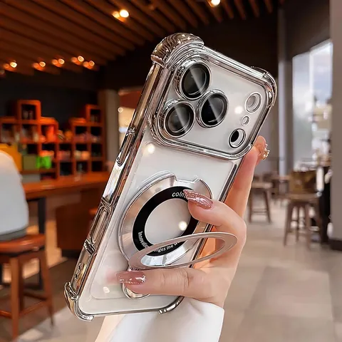 Magnetic Phone Case TPU Electroplated Transparent Shockproof With Integrated Kickstand And Lens Protection