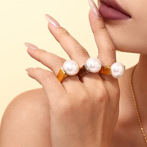 Anello Con Perla Artificial Di Conchiglia Geometrica In Acciaio Inossidabile Fascia Larga Moderno Minimalista Stile INS Gioielli Da Donna
