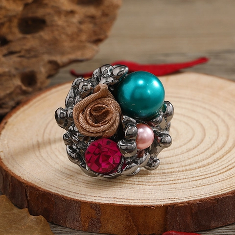 Vintage Alloy Ring With Faux Artificial Pearl And Fabric Rose Flower Rhinestone Adjustable Bohemian Style Cluster Jewelry For Women