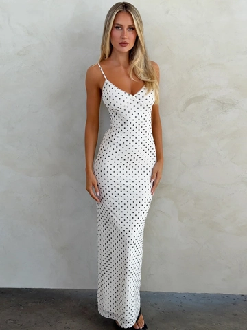 Polka Dot Spaghetti Strap Maxi Jurk Polyester Elastaan Diepe V Hals Kant Slim Fit Franse Stijl Dames