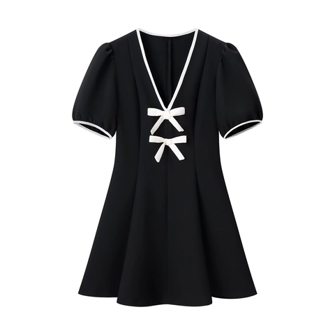 Vestito Mini Donna Scollo A V Contrasto Fiocco Bianco Manica Corta Linea A Poliestere Tessuto Preppy Dolce Elegante