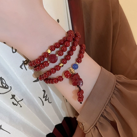 Rotes Zinnober Perlenarmband Mit Goldenen Legierung Pixiu Fu Charakter Charme Retro Chinesischer Stil Damen Schmuck
