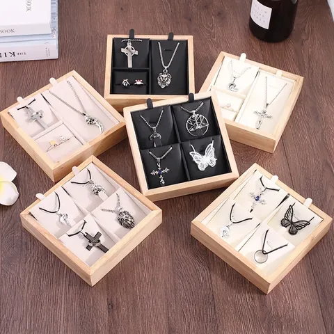 Jewelry Display Tray Bamboo Wood Organizer For Necklace Ring Earring Countertop Showcase Storage PU Leather Velvet Lining