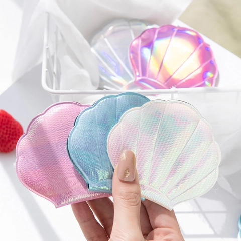 Holographic Shell Shaped Compact Makeup Mirror Double Sided Magnified Folding Portable Mini Travel Handheld Vanity Mirror