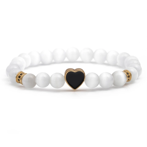 Bracciale Di Perline In Pietra Occhio Di Gatto Bianco Ciondolo A Cuore In Smalto Di Rame Gioielli Eleganti Per Donna Regalo Romantico