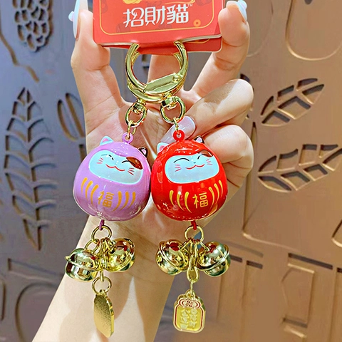 Gelukskat Daruma Bel Sleutelhanger Metaal Zegen Hanger Cartoon Schattig Tas Bedeltje Voor Vrouwen Meisjes