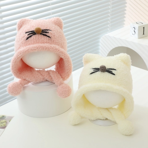 Kids Plush Ear Flap Hat Winter Warm Windproof Cat Ears Cartoon Beanie For Toddler Baby