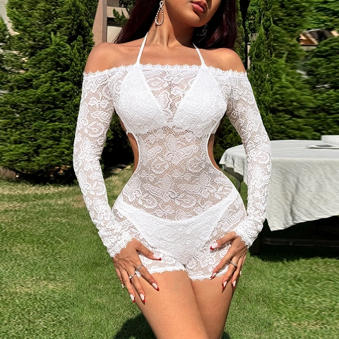 Sexy Witte Kant Bodysuit Lange Mouw Off Shoulder Halter Cutout Vlinder Patroon Romper Dames Elegant