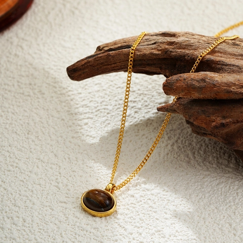 Collana Con Pendente In Pietra Preziosa Ovale Vintage Placcata Oro 18K Occhio Di Tigre Agata Smeraldo Gioielli Minimalisti