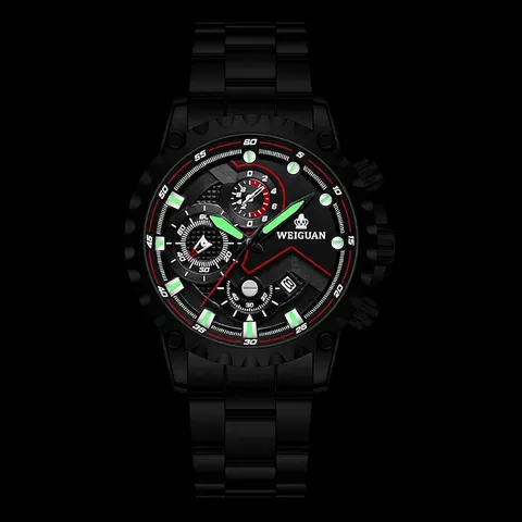 Men's Multi-functional Quartz Watch Waterproof Luminous Calendar Chronograph All Black Stainless Steel Sport Wristwatch