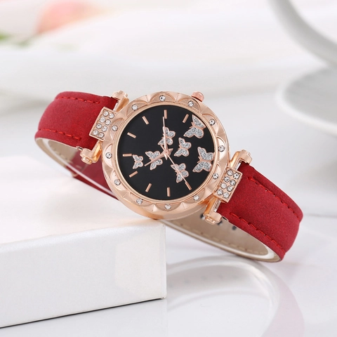 Mode Femmes Papillon Strass Montre à Quartz Boîtier Or Rose Bracelet en Satin Montre-Bracelet Décontractée Cadeau Bijoux