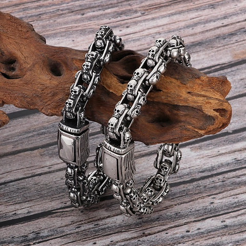 Men Skull Chain Bracelet Vintage 316L Stainless Steel Gothic Punk Biker Jewelry Distressed Antique Silver Color Gift