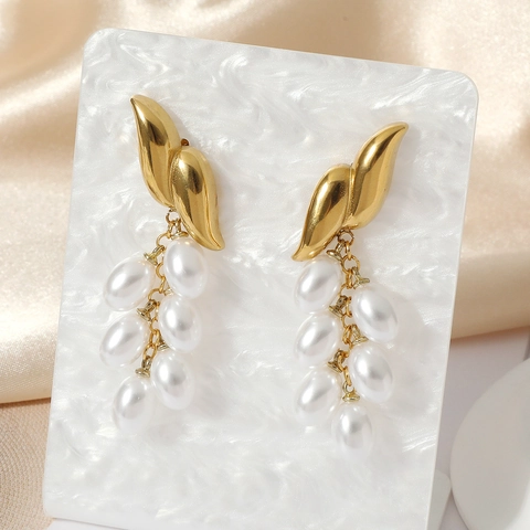 Pendientes Colgantes De Perlas Artificiales En Racimo Elegantes Acero Inoxidable Chapado En Oro Forma Hoja Vintage Moda Para Mujeres